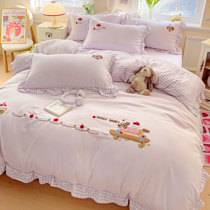 91家纺网 家纺一手货源 找家纺 2025新款高克重立体臻棉法式韩版毛巾绣四件套-腊肠狗 腊肠狗-浅紫