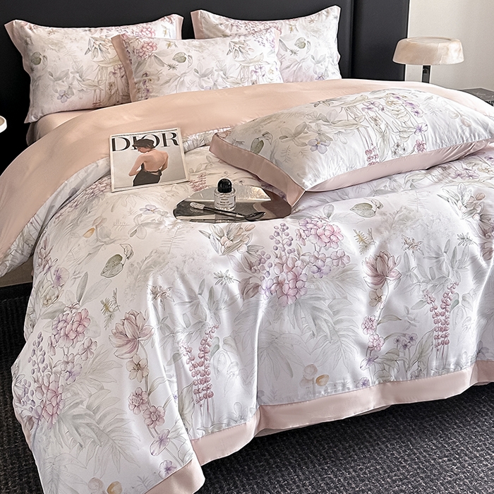 91家纺网 家纺一手货源 找家纺 金阳光家纺 2025新款高级简奢款莱赛尔数码印宽边四件套（带礼盒包装） 繁华枝恋