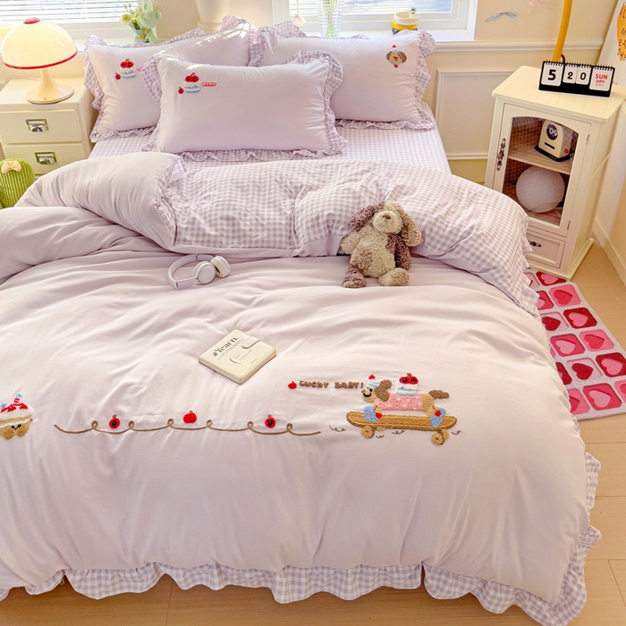 91家纺网 家纺一手货源 找家纺 2025新款高克重立体臻棉法式韩版毛巾绣四件套-腊肠狗 腊肠狗-浅紫