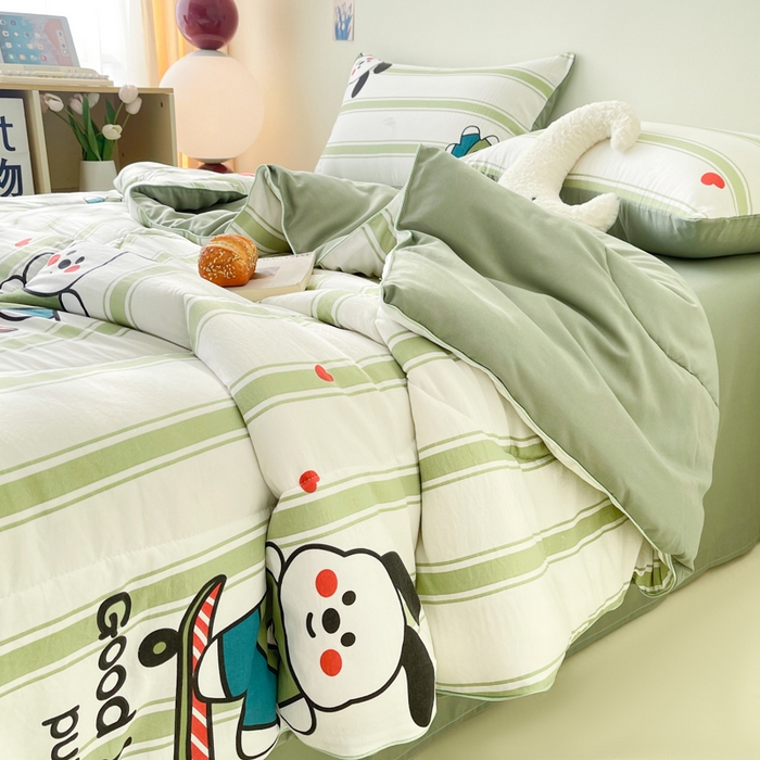91家纺网 家纺一手货源 找家纺 宜家坊 2025新款水洗棉糯小棉夏被夏被四件套四季被春秋被单人学生双人被子被芯 条纹狗