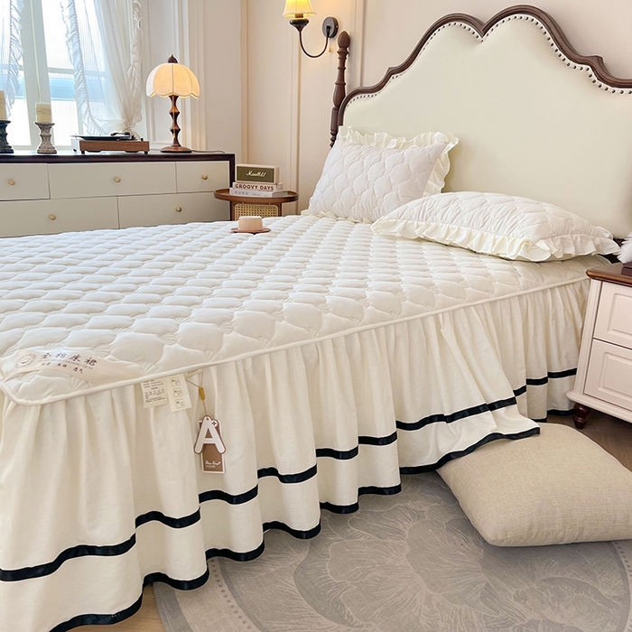 91家纺网 家纺一手货源 找家纺 笠裙2025新款纯棉防水隔尿夹棉加厚床裙-贝壳系列 贝壳奶昔白