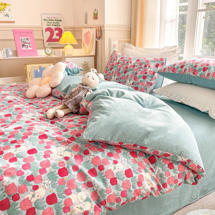 91家纺网 家纺一手货源 找家纺 （总）清雅福2025新款喷气全棉印花13372小清新四件套及单品-单枕套