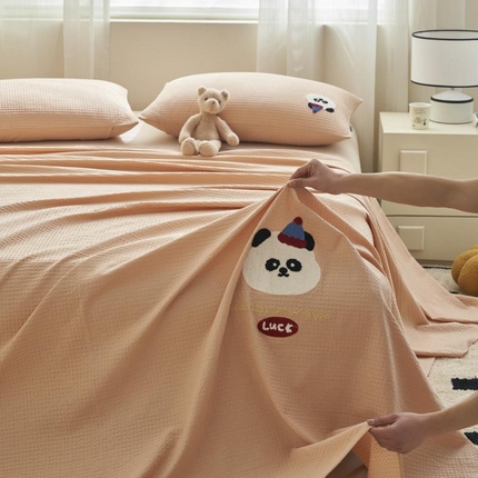 寐绸家纺 2025新款纯棉华夫格毛巾绣单床单 绣花华夫格床单-杏色