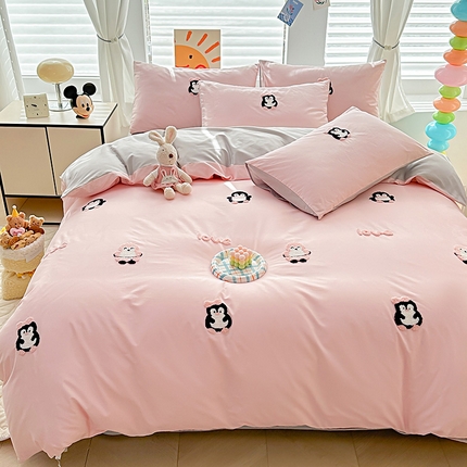 其奥家纺 2025新款毛巾绣全棉四件套水洗棉纯棉 呆萌企鹅