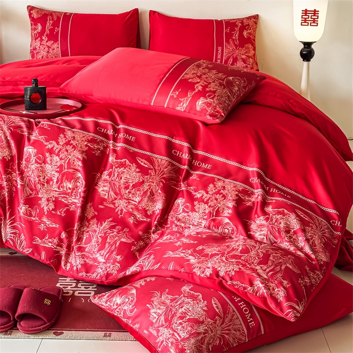 91家纺网 家纺一手货源 找家纺 笙意家纺2025新款水洗冰丝婚庆四件套 心有灵犀