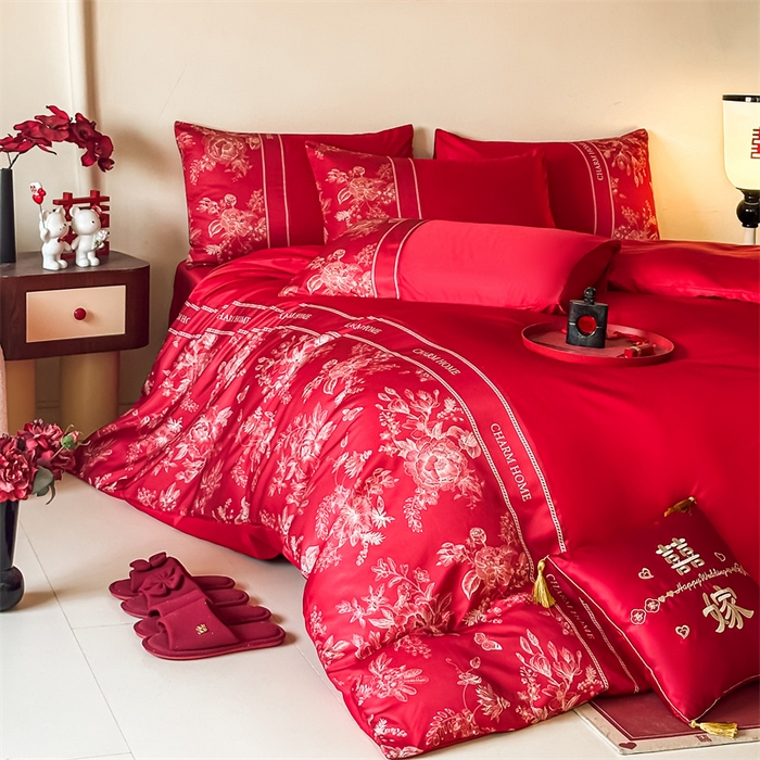 91家纺网 家纺一手货源 找家纺 笙意家纺2025新款水洗冰丝婚庆四件套 比翼双飞