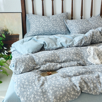 91家纺网 家纺一手货源 找家纺 （总）兰紫橙 2025新款A类全棉色织提花双层纱四件套