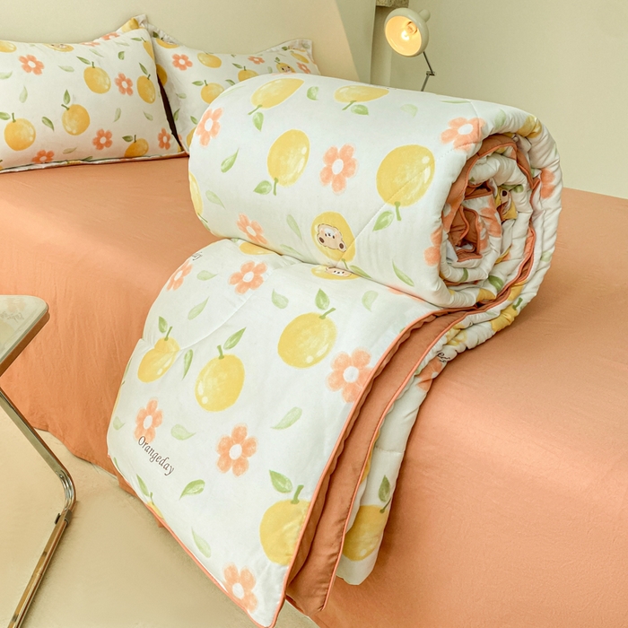 91家纺网 家纺一手货源 找家纺 宜家坊 2025新款水洗棉糯小棉夏被夏被四件套四季被春秋被单人学生双人被子被芯 心想事橙