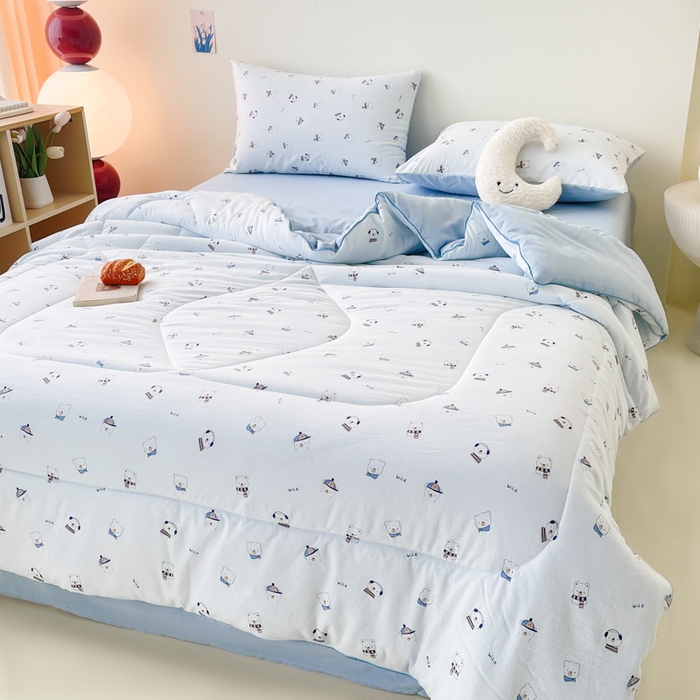 91家纺网 家纺一手货源 找家纺 宜家坊 2025新款水洗棉糯小棉夏被夏被四件套四季被春秋被单人学生双人被子被芯 蓝色小熊