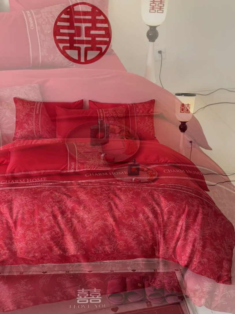 91家纺网 家纺一手货源 找家纺 笙意家纺2025新款水洗冰丝婚庆四件套 花开浪漫