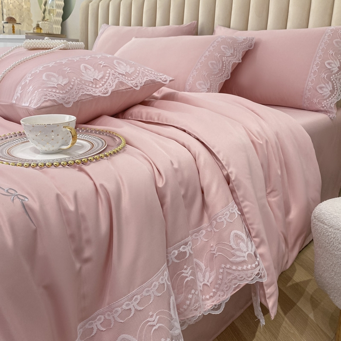 91家纺网 家纺一手货源 找家纺 益多眠 2026新款水洗天丝蕾丝花边夏被四件套轻奢夏被花边夏被-公主风 公主-樱花粉
