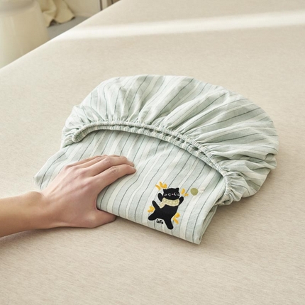 寐绸家纺 2025新款纯棉色织水洗棉竖条单床笠 水洗棉竖条床笠-宽条浅蓝