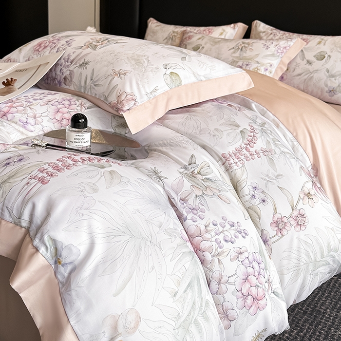 91家纺网 家纺一手货源 找家纺 金阳光家纺 2025新款高级简奢款莱赛尔数码印宽边四件套（带礼盒包装） 繁华枝恋