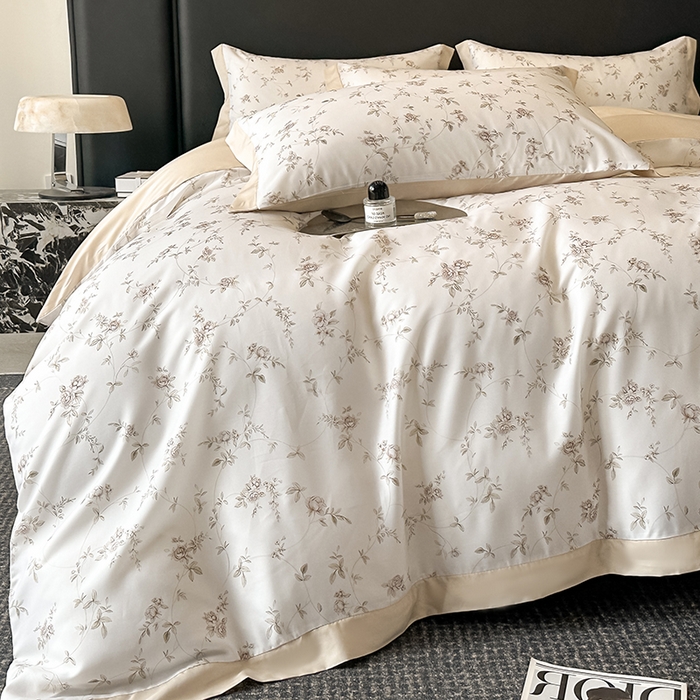 91家纺网 家纺一手货源 找家纺 金阳光家纺 2025新款高级简奢款莱赛尔数码印宽边四件套（带礼盒包装） 云栀咖