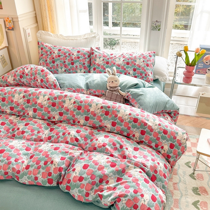 91家纺网 家纺一手货源 找家纺 （总）清雅福2025新款喷气全棉印花13372小清新四件套及单品-单枕套