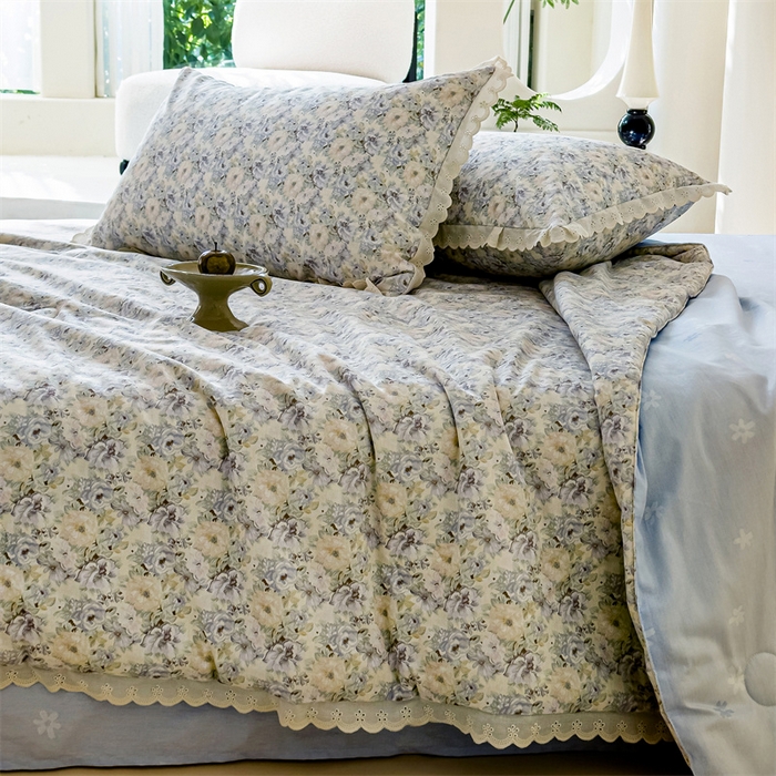 91家纺网 家纺一手货源 找家纺 被窝家纺 2025新款全棉花边大豆夏被四件套 杏园暖秋-灰