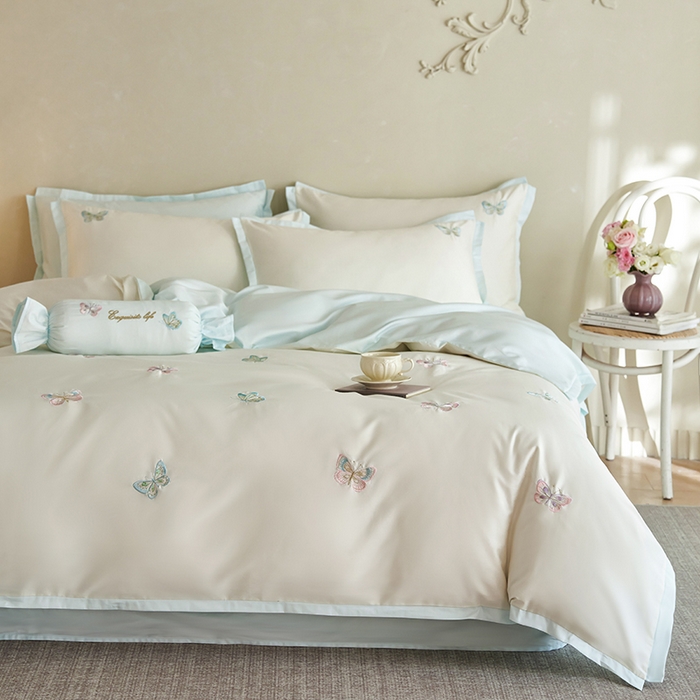 91家纺网 家纺一手货源 找家纺 2025 A类长绒棉刺绣拼角款四件套-悦动 悦动-倾心蓝