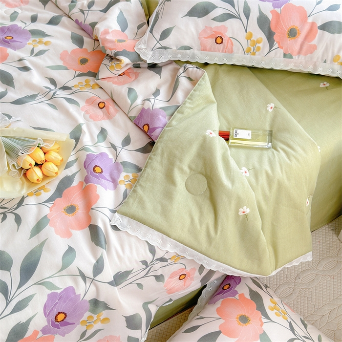 91家纺网 家纺一手货源 找家纺 被窝家纺 2025新款全棉花边大豆夏被四件套 轻纱漫舞