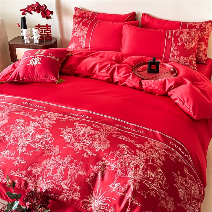 91家纺网 家纺一手货源 找家纺 笙意家纺2025新款水洗冰丝婚庆四件套 心有灵犀