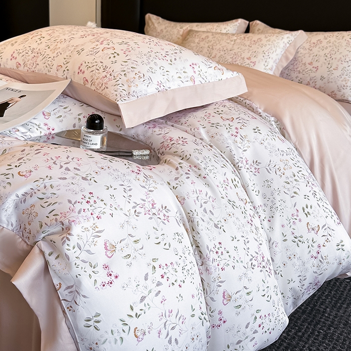 91家纺网 家纺一手货源 找家纺 金阳光家纺 2025新款高级简奢款莱赛尔数码印宽边四件套（带礼盒包装） 吟禾暮