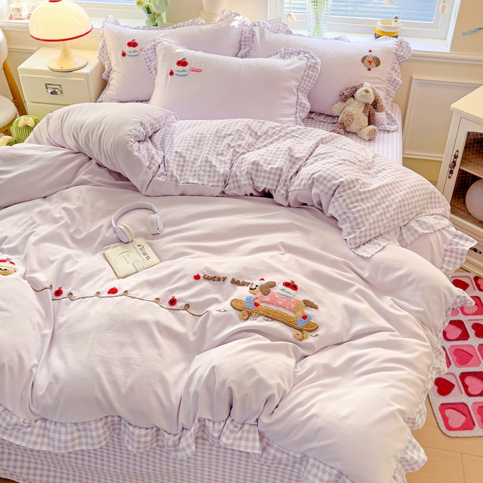 91家纺网 家纺一手货源 找家纺 2025新款高克重立体臻棉法式韩版毛巾绣四件套-腊肠狗 腊肠狗-浅紫