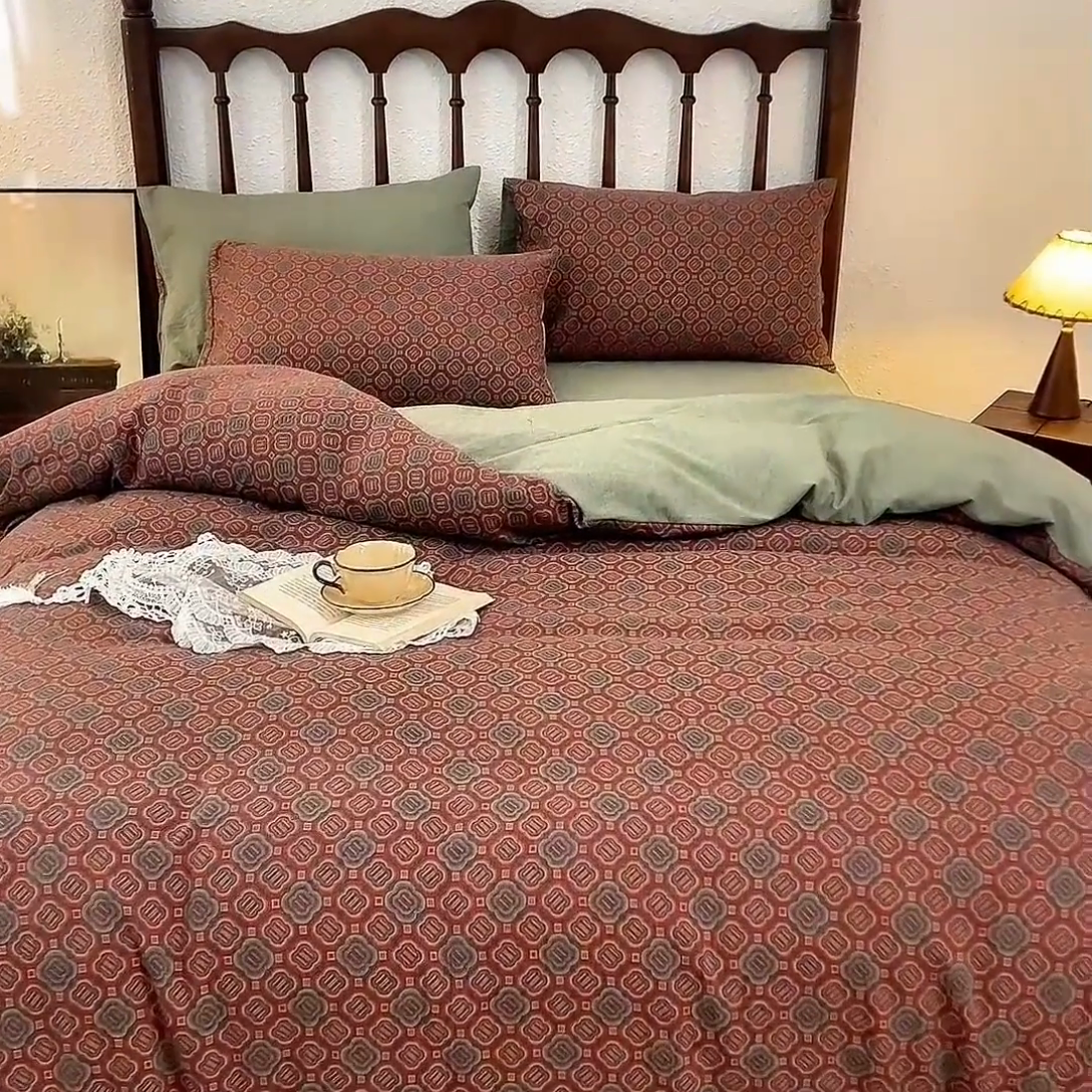 91家纺网 家纺一手货源 找家纺 （总）兰紫橙 2025新款A类全棉色织提花双层纱四件套