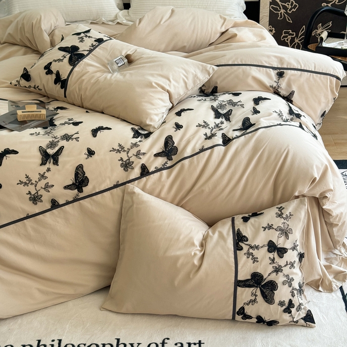 91家纺网 家纺一手货源 找家纺 2025新款水墨黑蝴蝶全棉套件 蝶恋咖