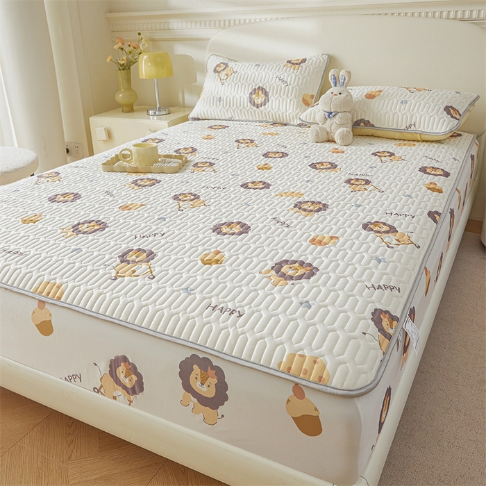 91家纺网 家纺一手货源 找家纺 雯豆2025夏季新品0.4乳胶凉席床笠款三件套凉感丝印花纯色床罩 乳胶床笠小狮子