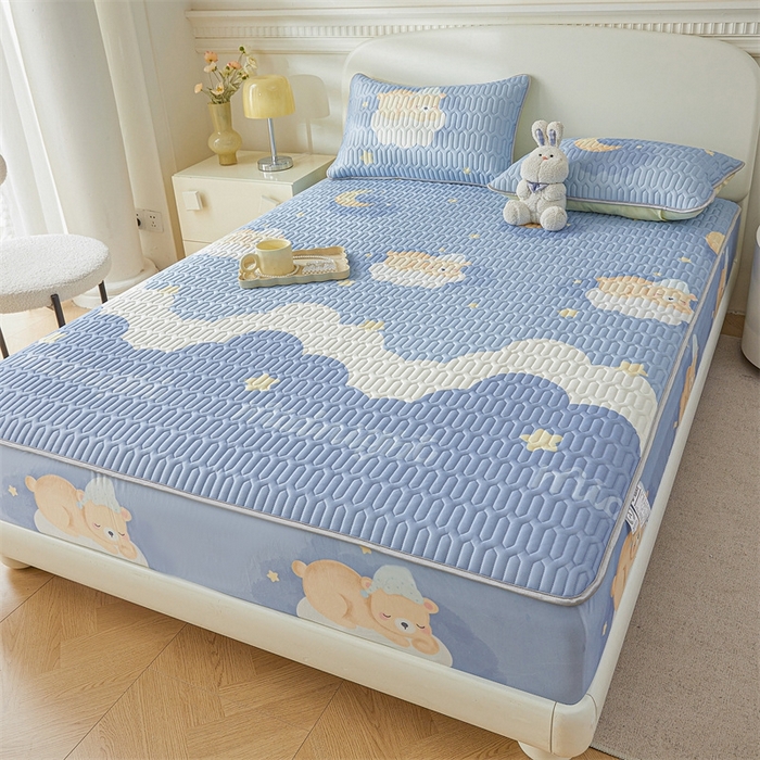 91家纺网 家纺一手货源 找家纺 雯豆2025夏季新品0.4乳胶凉席床笠款三件套凉感丝印花纯色床罩 乳胶床笠-晚安