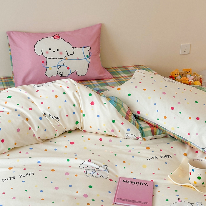 91家纺网 家纺一手货源 找家纺 典曼家纺 2025新款13372印花小清新四件套 波点狗