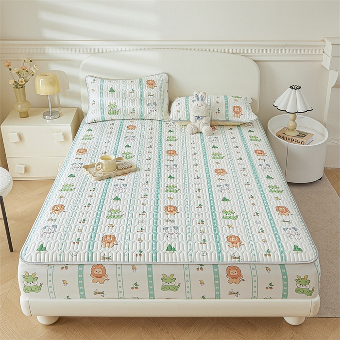 91家纺网 家纺一手货源 找家纺 雯豆2025夏季新品0.4乳胶凉席床笠款三件套凉感丝印花纯色床罩 乳胶床笠-动物聚会