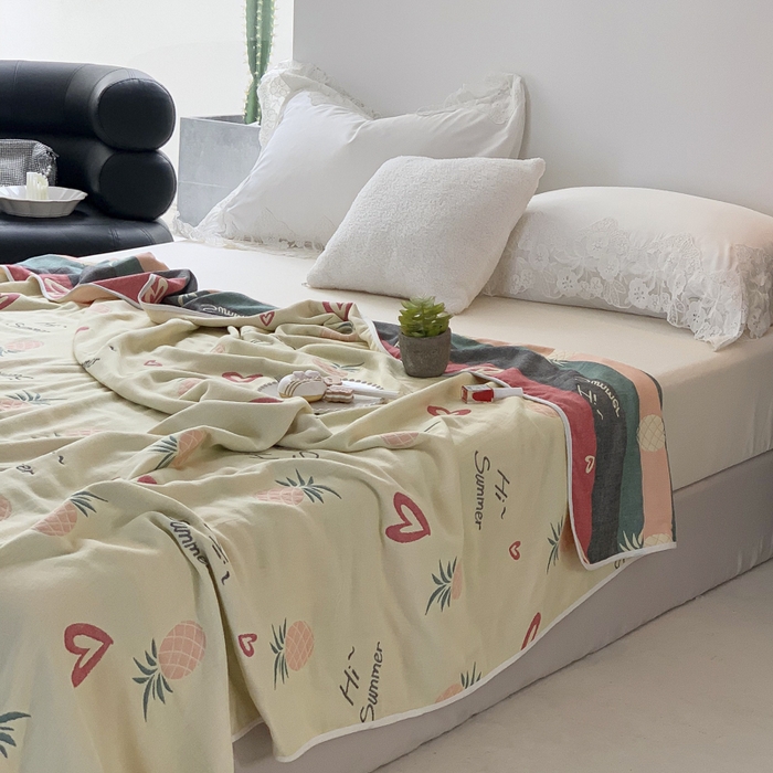 91家纺网 家纺一手货源 找家纺 爱港家纺 2025新款全棉A类六层纱布毛巾被 夏被 爱心菠萝