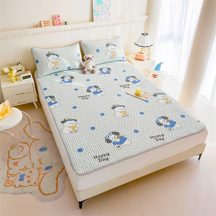 91家纺网 家纺一手货源 找家纺 雯豆2025夏季新品0.4乳胶凉席平铺款三件套凉感丝小清新印花席梦思床罩 乳胶凉席-小狗蒙迪1