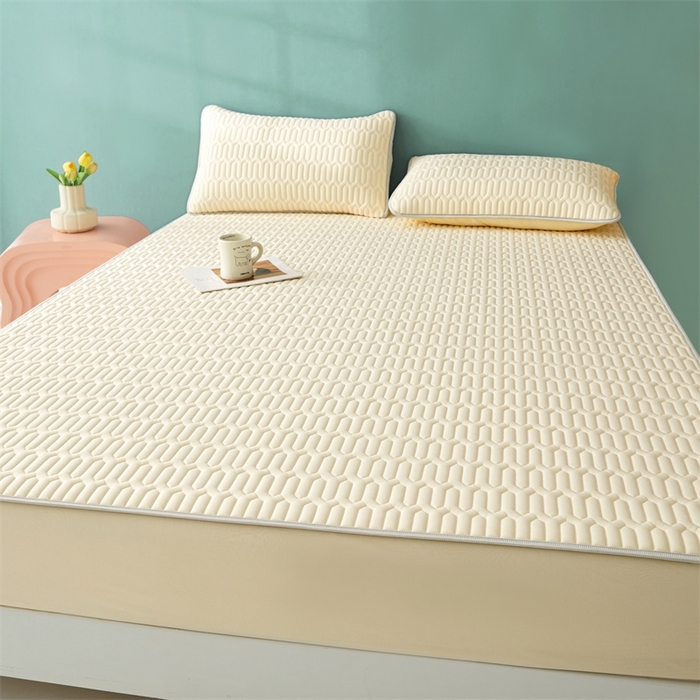 91家纺网 家纺一手货源 找家纺 雯豆2025夏季新品0.4乳胶凉席床笠款三件套凉感丝印花纯色床罩 乳胶床笠-香草黄