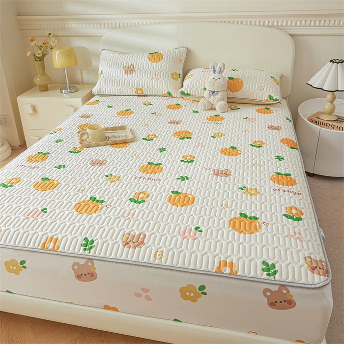 91家纺网 家纺一手货源 找家纺 雯豆2025夏季新品0.4乳胶凉席床笠款三件套凉感丝印花纯色床罩 乳胶床笠-趣多多