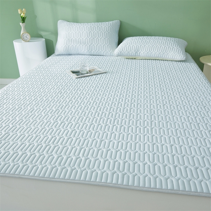 91家纺网 家纺一手货源 找家纺 雯豆2025夏季新品0.4乳胶凉席平铺款三件套凉感丝席梦思床罩 乳胶凉席-风铃蓝