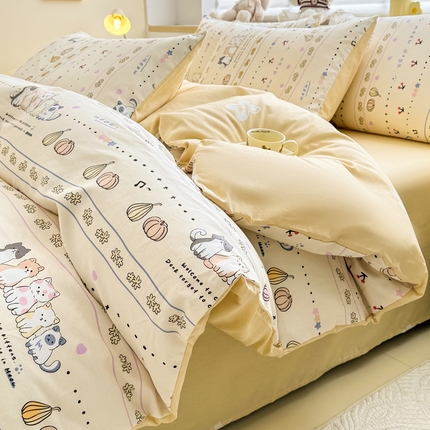 91家纺网 家纺一手货源 找家纺 KA家纺 2025新款高密全棉印花软糯四件套 南瓜小猫