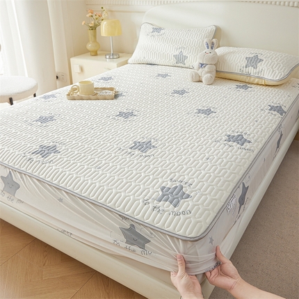 雯豆2025夏季新品0.4乳胶凉席床笠款三件套凉感丝印花纯色床罩 乳胶床笠-简约星辰1