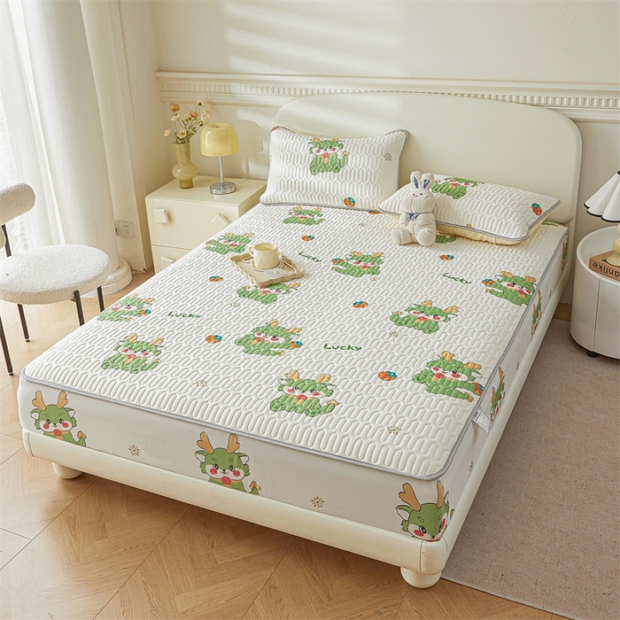 91家纺网 家纺一手货源 找家纺 雯豆2025夏季新品0.4乳胶凉席床笠款三件套凉感丝印花纯色床罩 乳胶床笠-吉祥龙