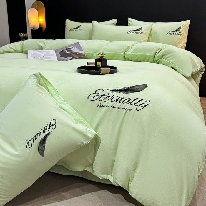 91家纺网 家纺一手货源 找家纺 （总）麒东家纺 2025年新款刺绣水洗棉四件套羽毛系列