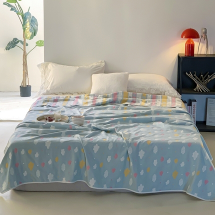 91家纺网 家纺一手货源 找家纺 爱港家纺 2025新款全棉A类六层纱布毛巾被 夏被 蓝云