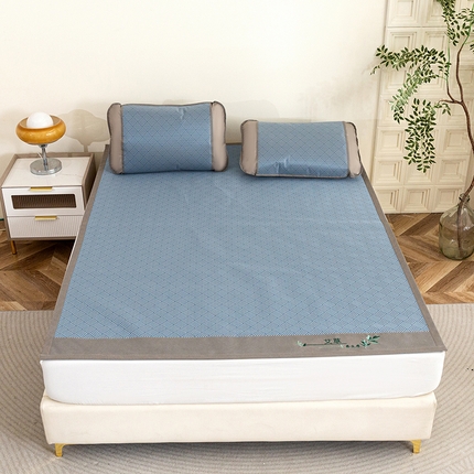 丹兰 2025新款碳光冰丝席三件套竹席冰藤席艾草席学生席双人床凉席 碳光饼干花 蓝