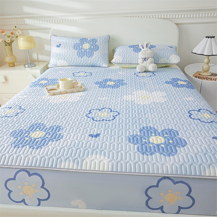 91家纺网 家纺一手货源 找家纺 雯豆2025夏季新品0.4乳胶凉席床笠款三件套凉感丝印花纯色床罩 乳胶床笠-花漾