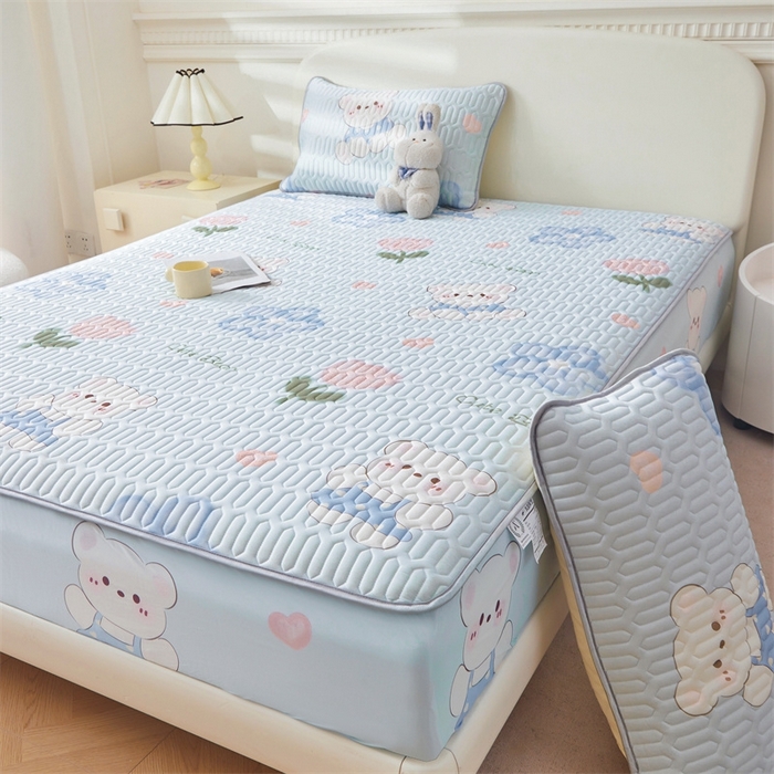 91家纺网 家纺一手货源 找家纺 雯豆2025夏季新品0.4乳胶凉席床笠款三件套凉感丝印花纯色床罩 乳胶床笠-元气满满