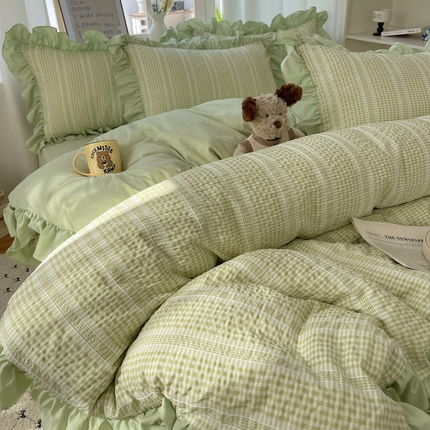 91家纺网 家纺一手货源 找家纺 （总）十里居 2025新款泡泡纱提花韩版水洗棉公主格花边款四件套