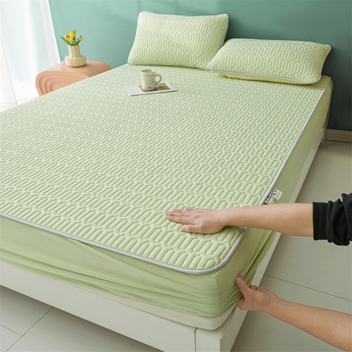 91家纺网 家纺一手货源 找家纺 雯豆2025夏季新品0.4乳胶凉席床笠款三件套凉感丝印花纯色床罩 乳胶床笠-丁香绿