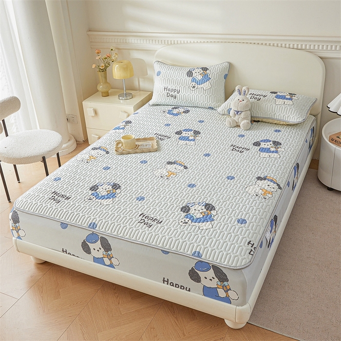 91家纺网 家纺一手货源 找家纺 雯豆2025夏季新品0.4乳胶凉席床笠款三件套凉感丝印花纯色床罩 乳胶床笠-小狗蒙迪1