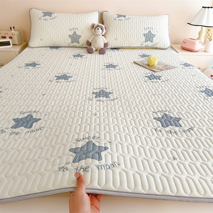 雯豆2025夏季新品0.4乳胶凉席平铺款三件套凉感丝小清新印花席梦思床罩 乳胶凉席-简约星辰1