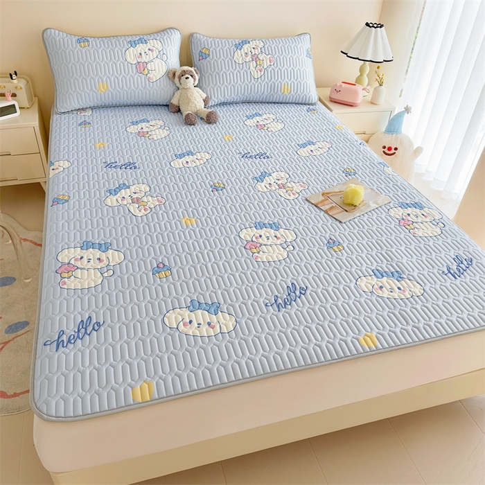 91家纺网 家纺一手货源 找家纺 雯豆2025夏季新品0.4乳胶凉席平铺款三件套凉感丝小清新印花席梦思床罩 乳胶凉席-萌萌狗1