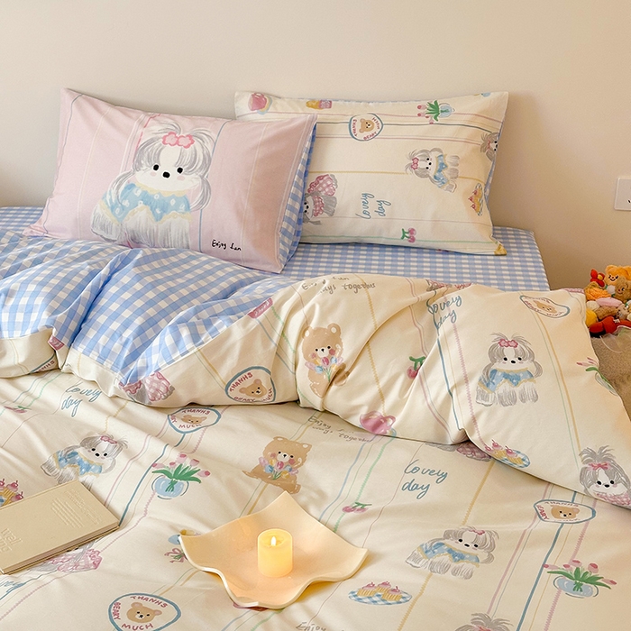 91家纺网 家纺一手货源 找家纺 典曼家纺 2025新款13372印花小清新四件套 甜宝萌汪